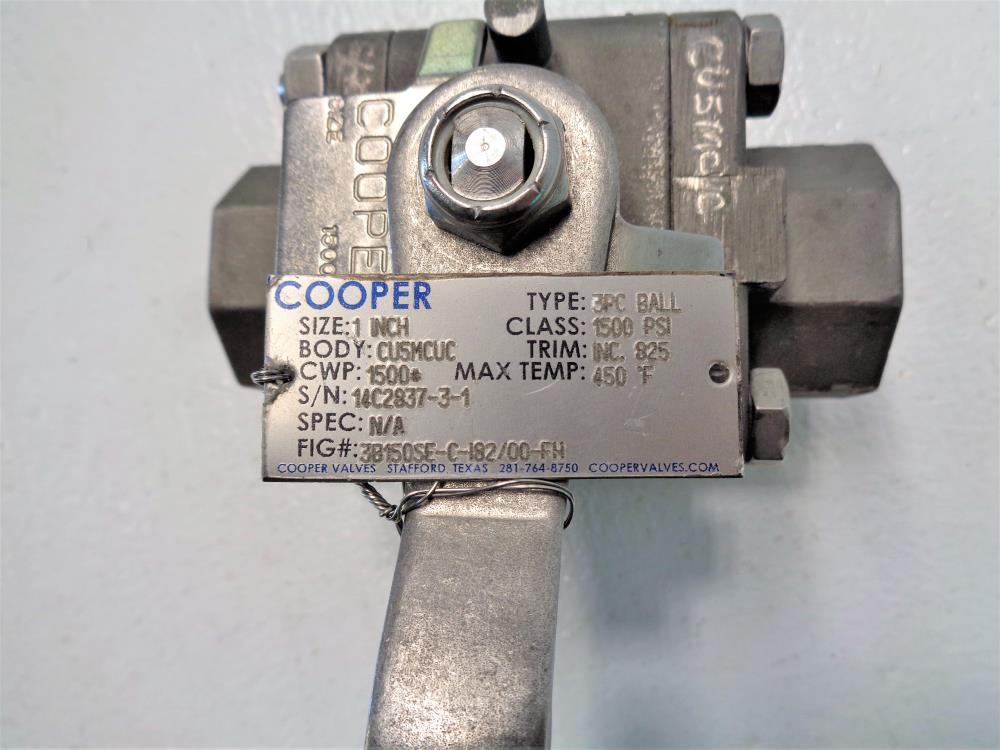 Cooper 1" 150# 2-Way 3-Pc Ball Valve, Inconel 825, Fig# 3B150SE-C-I82/00-FH